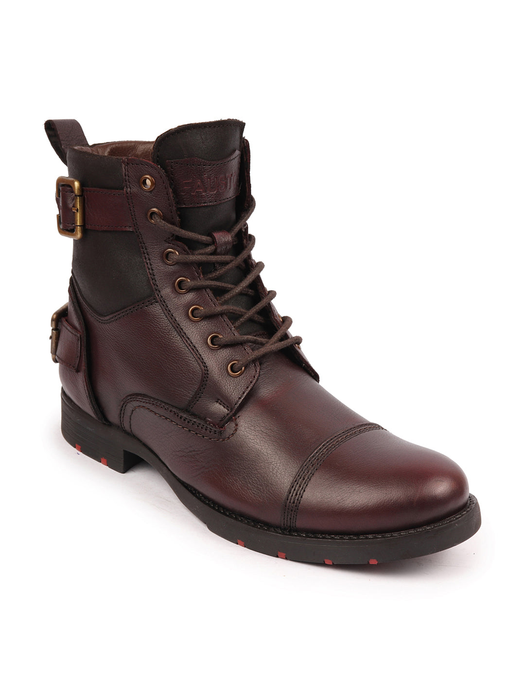 Men Brown High Ankle Genuine Leather 7-Eye Cap Toe Lace Up Closure Side  Zipper Combat Boots