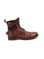 Shop Men Tan High Ankle Genuine Leather 7-Eye Cap Toe Lace Up Closure Side Zipper Combat Boots Online.