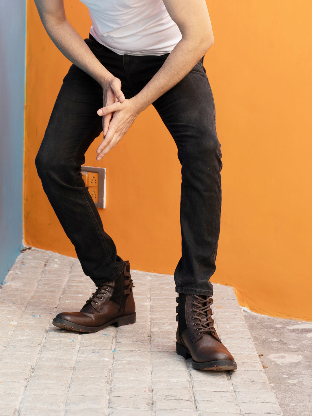 Buy Men Brown Leather Side Zipper Lace Up Classic Flat Boots