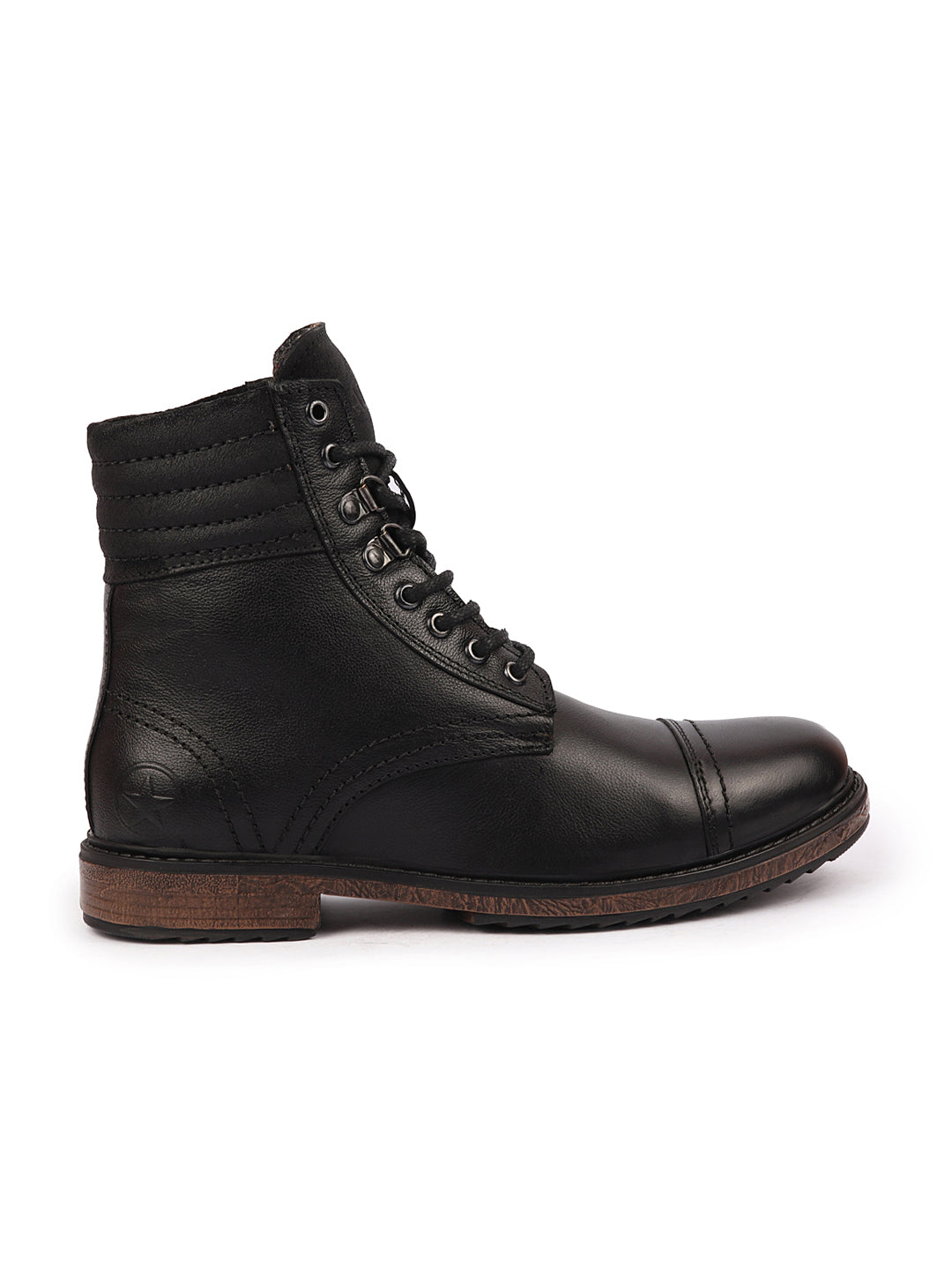 Shop Men Black High Ankle Genuine Leather 8-Eye Lace Up Cap Toe Welted Sole Winter Biker Boots Online.