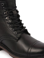 Shop Men Black High Ankle Genuine Leather 8-Eye Lace Up Cap Toe Welted Sole Winter Biker Boots Online.