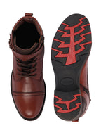 Shop Men Tan High Ankle Genuine Leather 6-Eye Lace Up Zipper Winter Cap Toe Flat Biker Classic Boots Online.