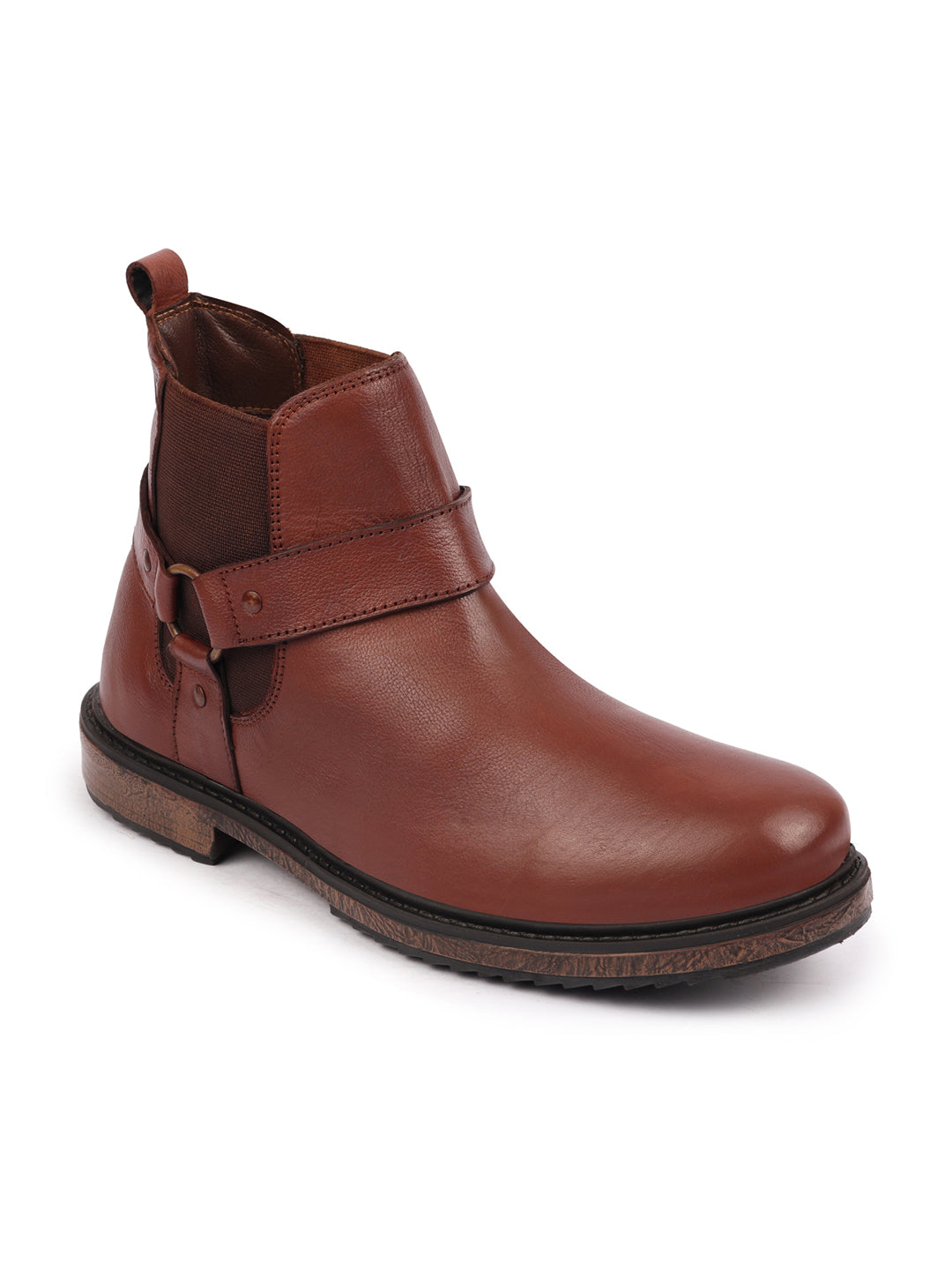 Shop Men Tan High Ankle Genuine Leather Side Ring Buckle Design Slip On Chelsea Work Boots Online.