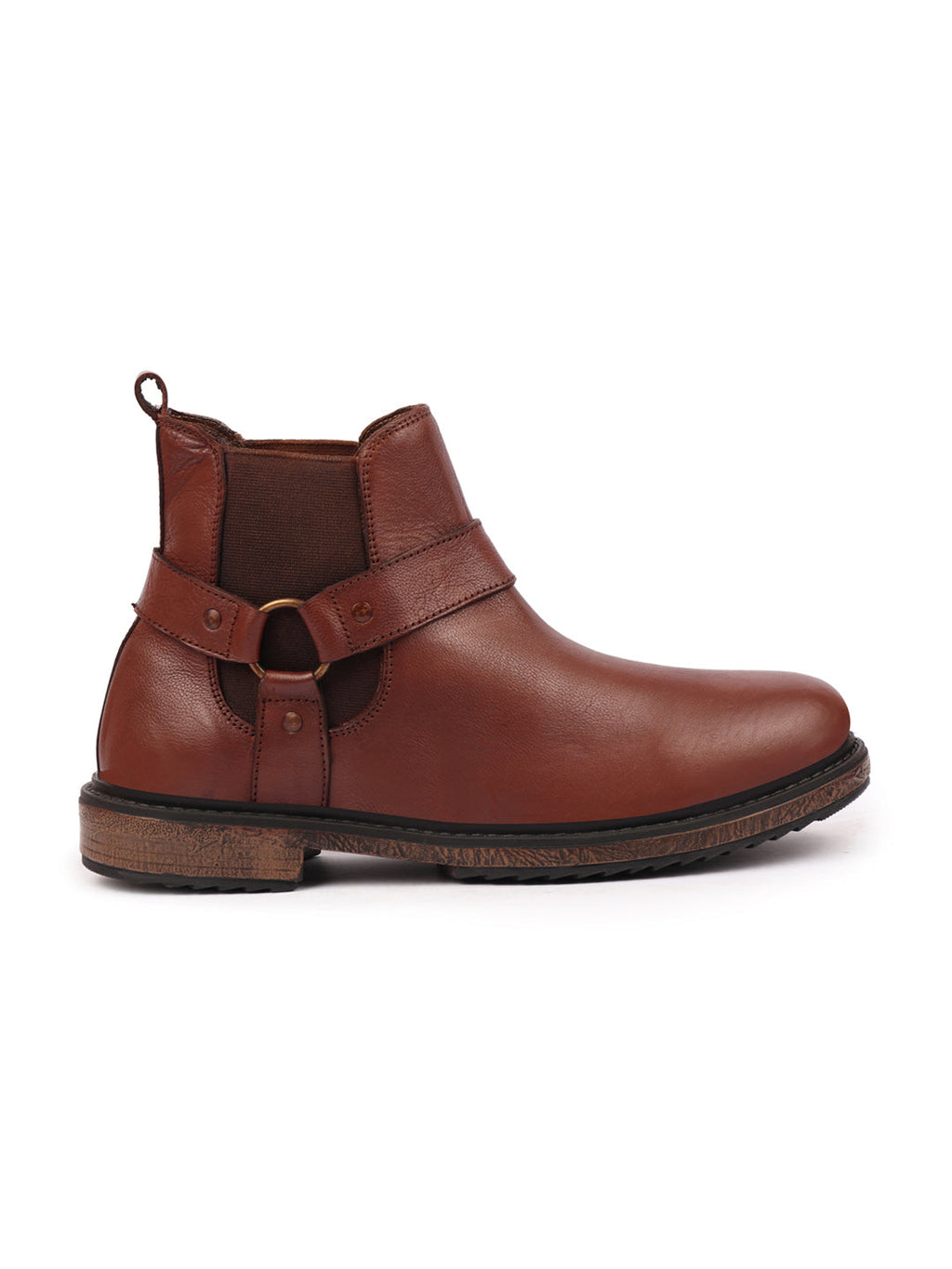 Shop Men Tan High Ankle Genuine Leather Side Ring Buckle Design Slip On Chelsea Work Boots Online.