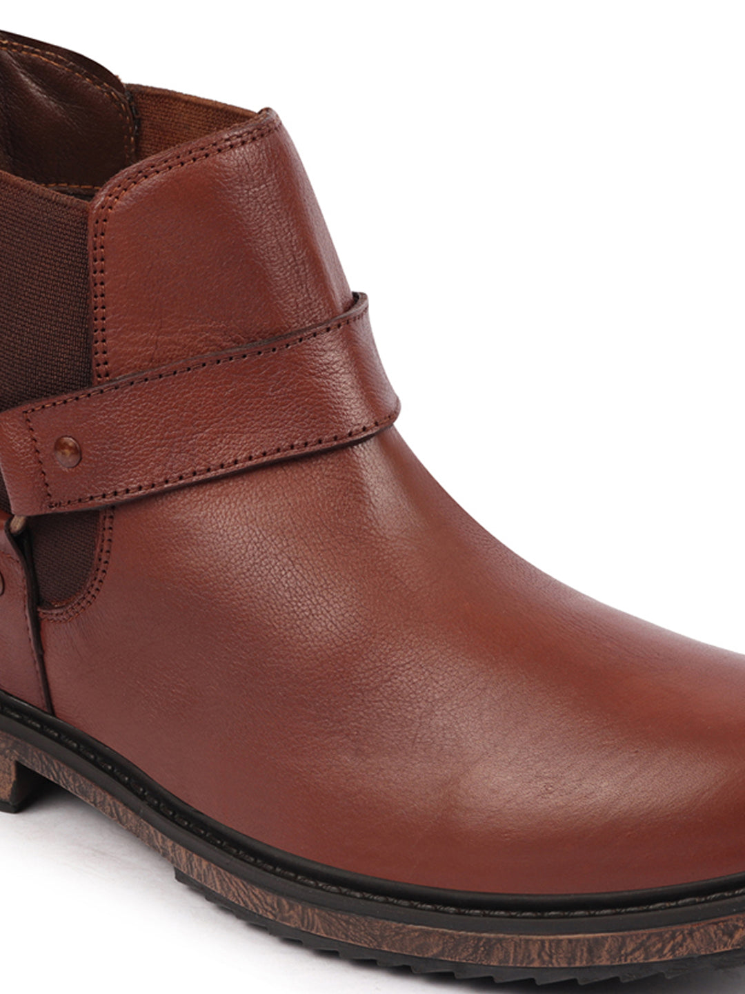 Shop Men Tan High Ankle Genuine Leather Side Ring Buckle Design Slip On Chelsea Work Boots Online.