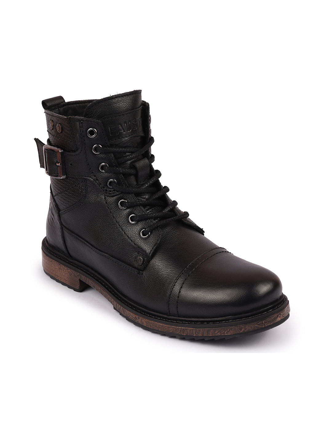 Shop Men Black High Top Genuine Leather 7-Eye Lace Up Buckle Strap Work Cap Toe Winter Flat Boots Online.
