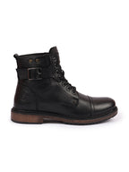 Shop Men Black High Top Genuine Leather 7-Eye Lace Up Buckle Strap Work Cap Toe Winter Flat Boots Online.