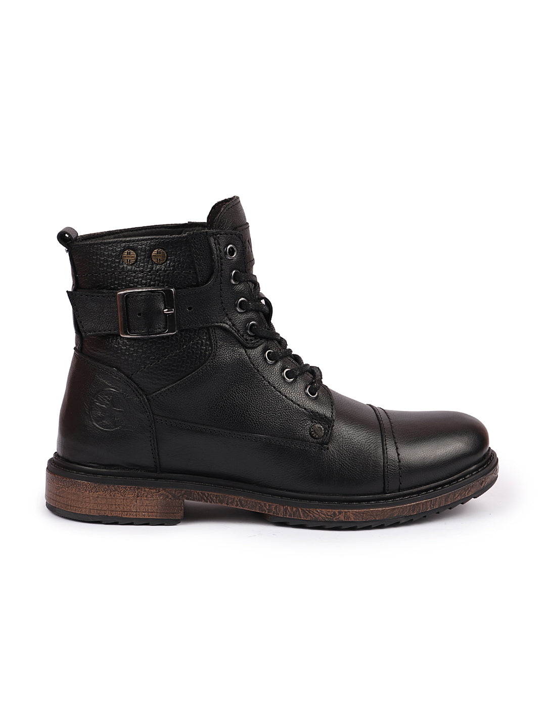 Shop Men Black High Top Genuine Leather 7-Eye Lace Up Buckle Strap Work Cap Toe Winter Flat Boots Online.