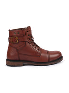 Shop Men Tan High Top Genuine Leather 7-Eye Lace Up Buckle Strap Work Cap Toe Winter Flat Boots Online.