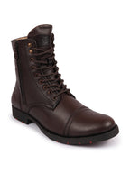 Shop Men Brown High Top Genuine Leather Hook and 7-Eye Lace Up Side Zipper Cap Toe Classic Flat Boots Online.