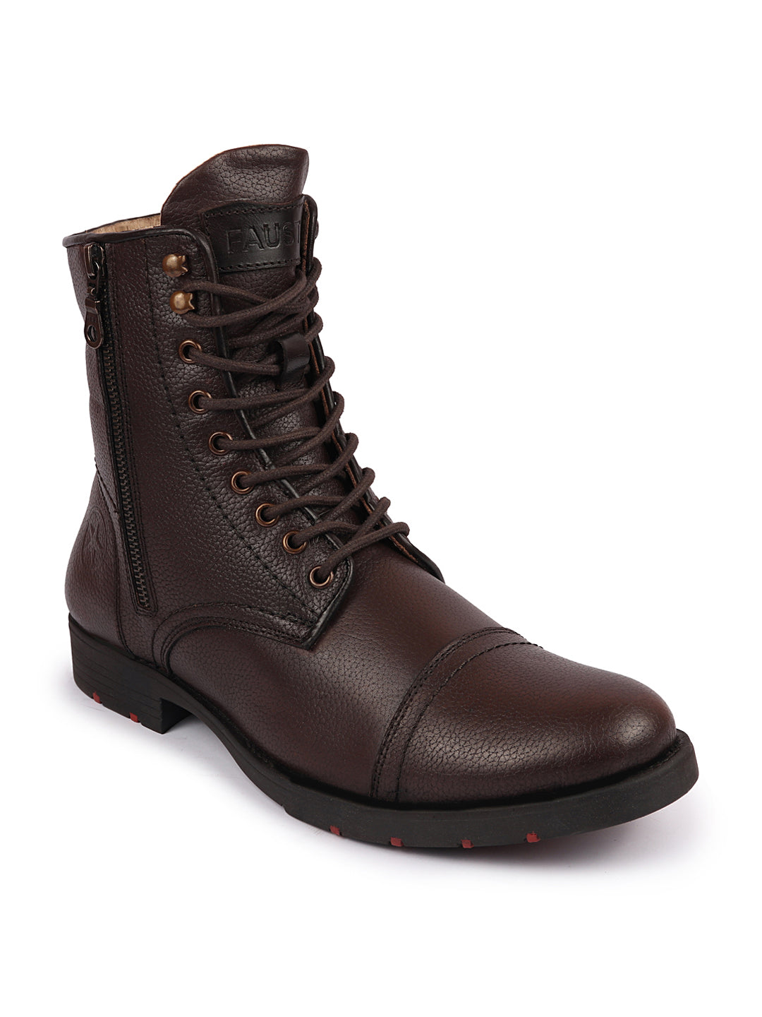Shop Men Brown High Top Genuine Leather Hook and 7-Eye Lace Up Side Zipper Cap Toe Classic Flat Boots Online.
