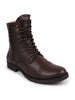 Men Brown High Top Genuine Leather Hook and 7-Eye Lace Up Side Zipper Cap Toe Classic Flat Boots