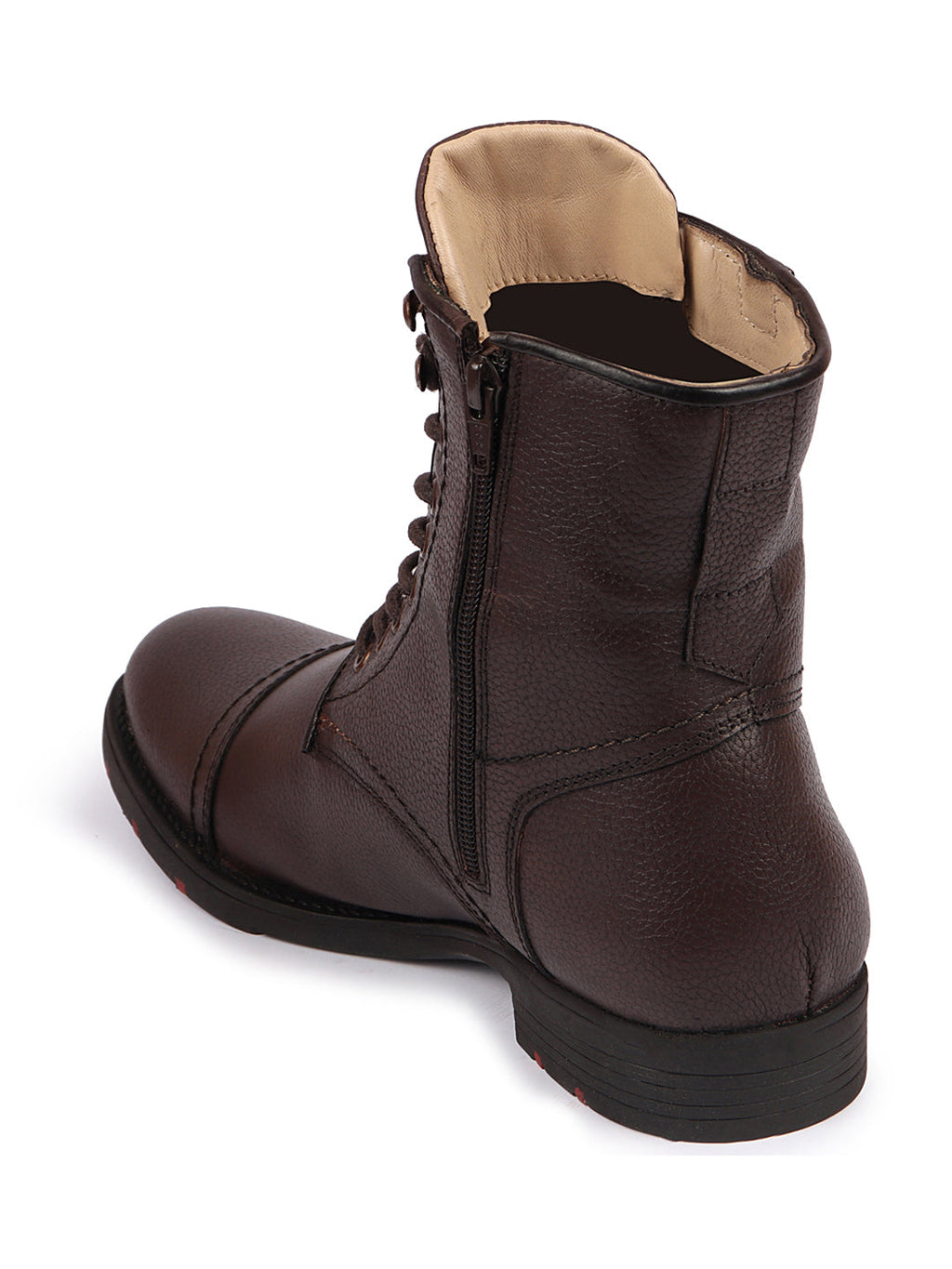 Shop Men Brown High Top Genuine Leather Hook and 7-Eye Lace Up Side Zipper Cap Toe Classic Flat Boots Online.