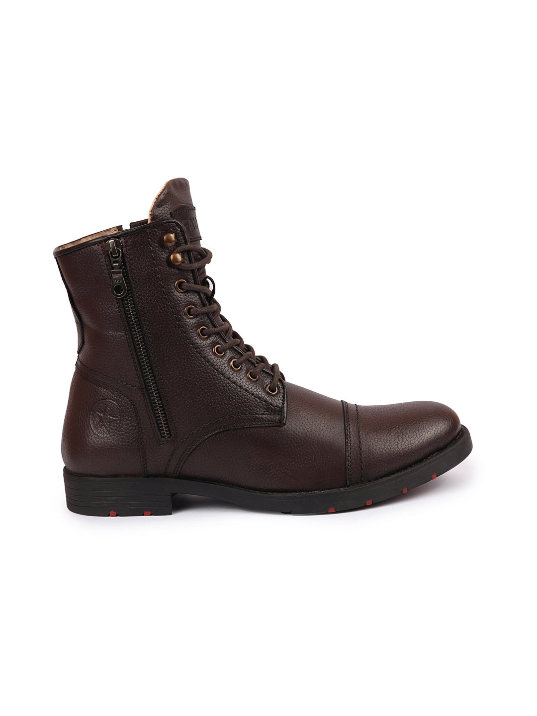 Shop Men Brown High Top Genuine Leather Hook and 7-Eye Lace Up Side Zipper Cap Toe Classic Flat Boots Online.