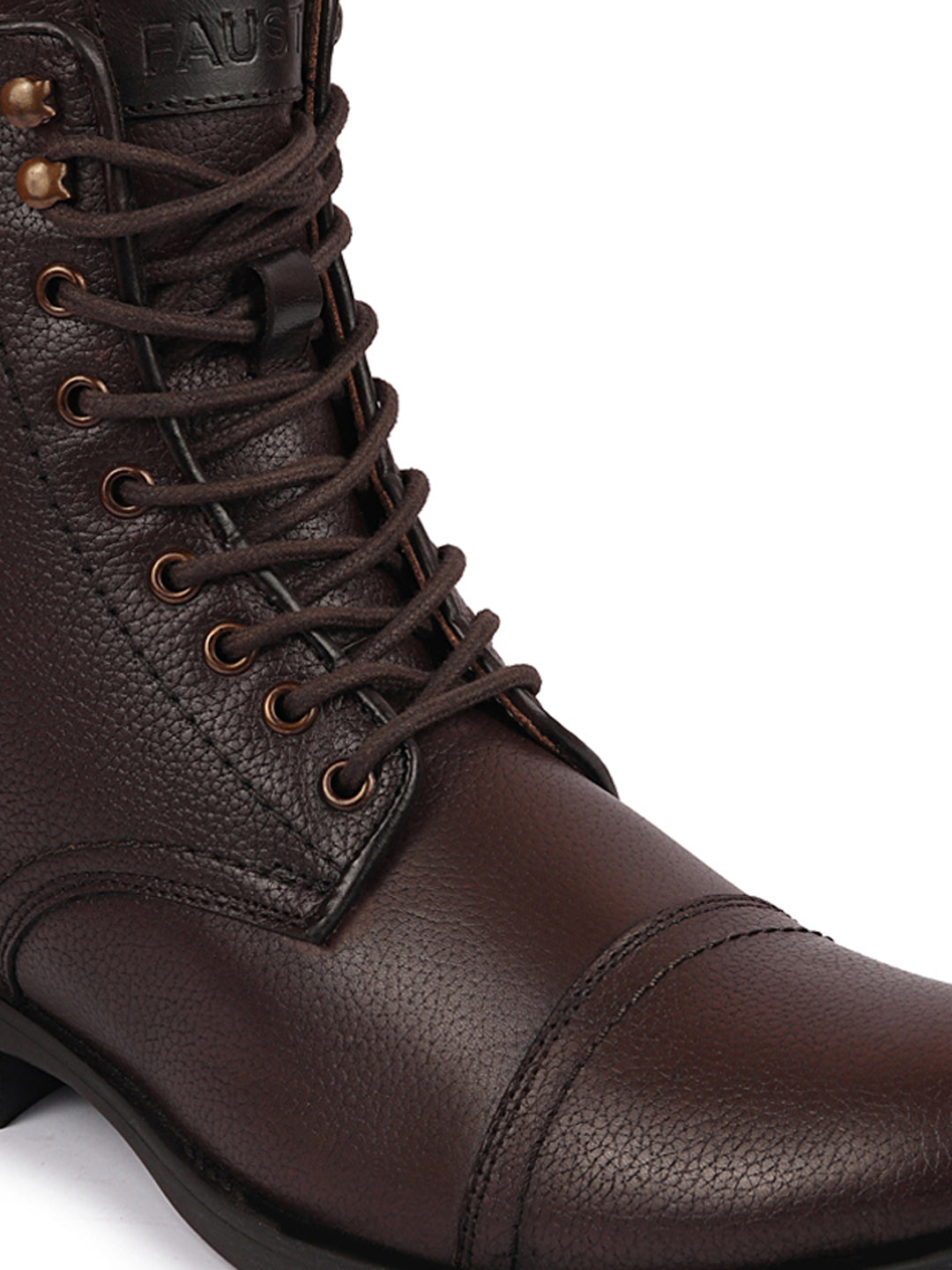 Shop Men Brown High Top Genuine Leather Hook and 7-Eye Lace Up Side Zipper Cap Toe Classic Flat Boots Online.