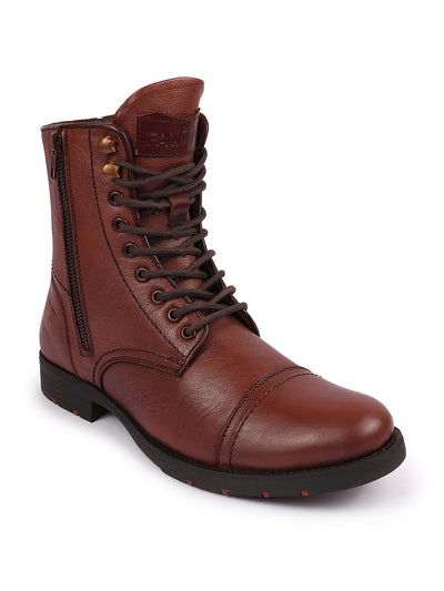 Shop Men Leather Hook Lace Up Side Zipper Cap Toe Flat Boot