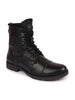 Men Black High Ankle Genuine Leather Hook and 3-Eye Lace Up Side Zipper Cap Toe Stitched Biker Boots