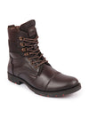 Shop Men Brown High Ankle Genuine Leather Hook and 3-Eye Lace Up Side Zipper Cap Toe Stitched Biker Boots Online.