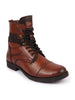 Men Tan High Ankle Genuine Leather Hook and 3-Eye Lace Up Side Zipper Cap Toe Stitched Biker Boots