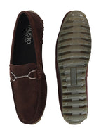 Shop Men Brown Horsebit Buckle Suede Leather Slip On Driving Loafers Online.