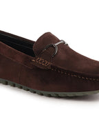 Shop Men Brown Horsebit Buckle Suede Leather Slip On Driving Loafers Online.