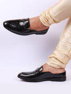 Shop Men Black Embossed Leopard Print Design with Horsebit Buckle Ethnic Party Back Open Slip On Mules Shoes Online.