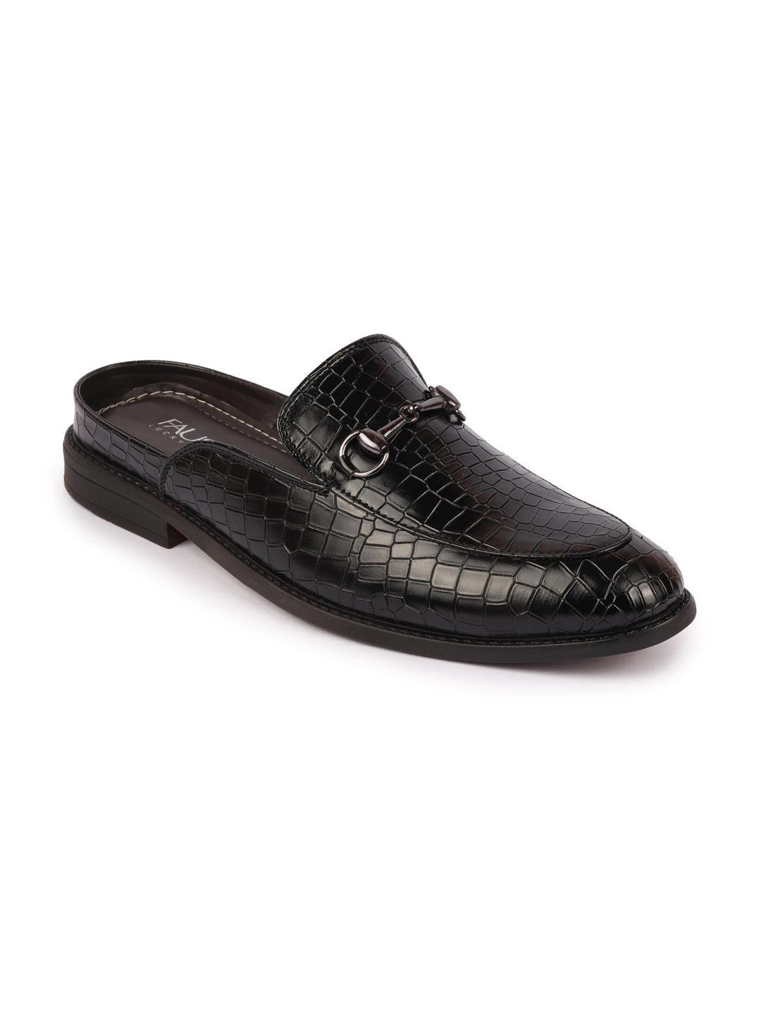 Shop Men Black Embossed Leopard Print Design with Horsebit Buckle Ethnic Party Back Open Slip On Mules Shoes Online.
