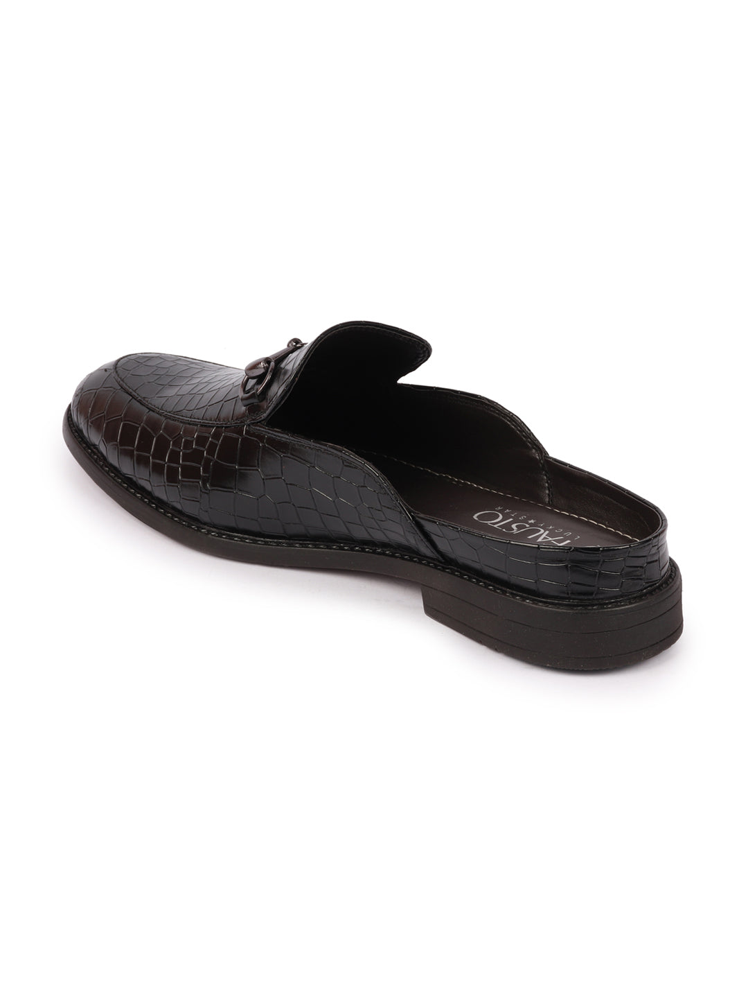 Shop Men Black Embossed Leopard Print Design with Horsebit Buckle Ethnic Party Back Open Slip On Mules Shoes Online.