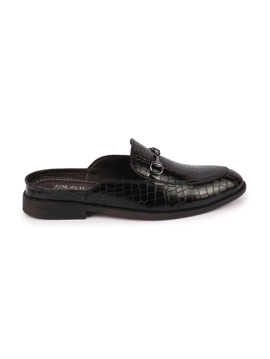 Shop Men Black Embossed Leopard Print Design with Horsebit Buckle Ethnic Party Back Open Slip On Mules Shoes Online.