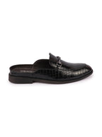 Shop Men Black Embossed Leopard Print Design with Horsebit Buckle Ethnic Party Back Open Slip On Mules Shoes Online.