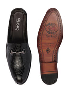 Shop Men Black Embossed Leopard Print Design with Horsebit Buckle Ethnic Party Back Open Slip On Mules Shoes Online.