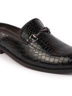 Shop Men Black Embossed Leopard Print Design with Horsebit Buckle Ethnic Party Back Open Slip On Mules Shoes Online.