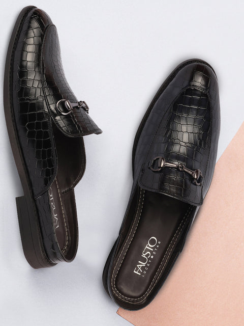 Shop Men Blue Embossed Leopard Print Design with Horsebit Buckle Ethnic Party Back Open Slip On Mules Shoes Online.
