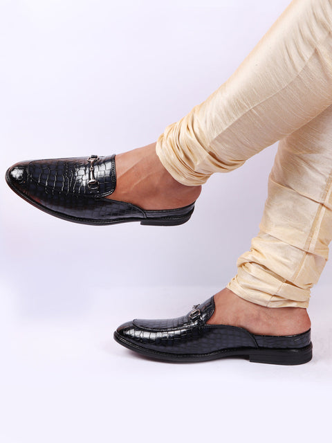 Shop Men Blue Embossed Leopard Print Design with Horsebit Buckle Ethnic Party Back Open Slip On Mules Shoes Online.