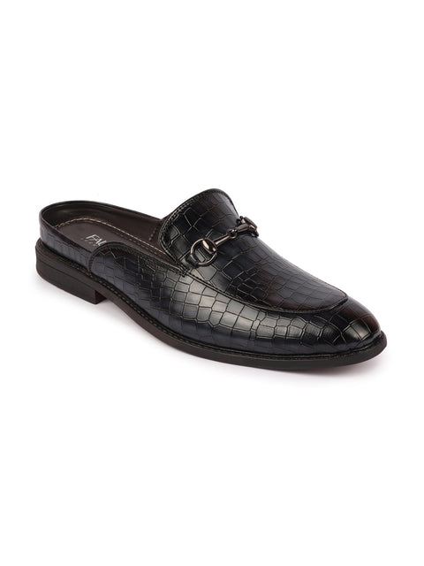 Shop Men Blue Embossed Leopard Print Design with Horsebit Buckle Ethnic Party Back Open Slip On Mules Shoes Online.