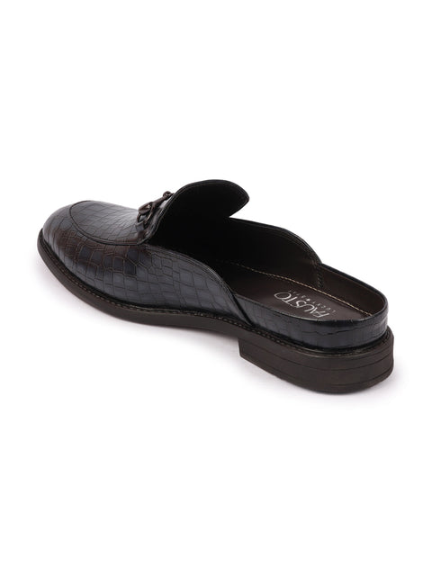 Shop Men Blue Embossed Leopard Print Design with Horsebit Buckle Ethnic Party Back Open Slip On Mules Shoes Online.