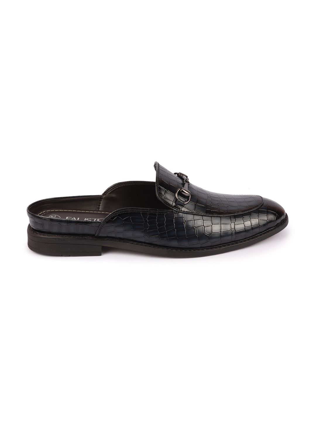 Shop Men Blue Embossed Leopard Print Design with Horsebit Buckle Ethnic Party Back Open Slip On Mules Shoes Online.