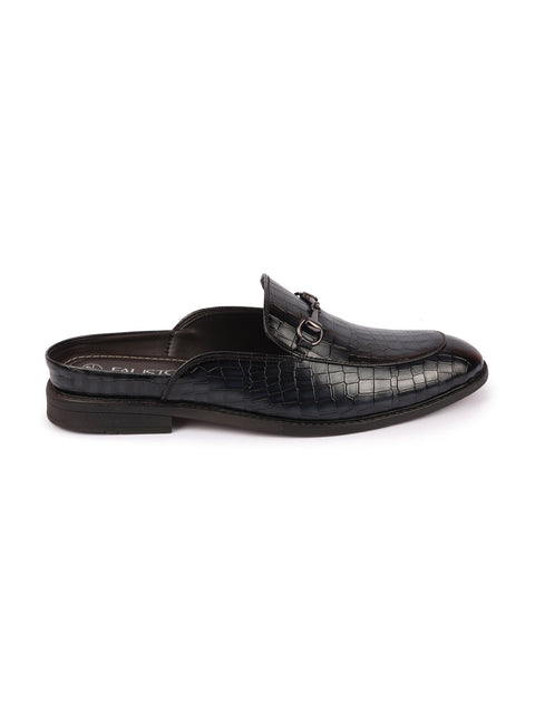 Shop Men Blue Embossed Leopard Print Design with Horsebit Buckle Ethnic Party Back Open Slip On Mules Shoes Online.