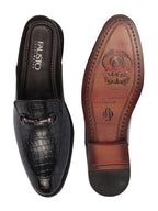 Shop Men Blue Embossed Leopard Print Design with Horsebit Buckle Ethnic Party Back Open Slip On Mules Shoes Online.