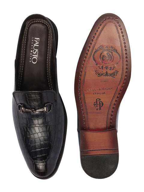 Shop Men Blue Embossed Leopard Print Design with Horsebit Buckle Ethnic Party Back Open Slip On Mules Shoes Online.
