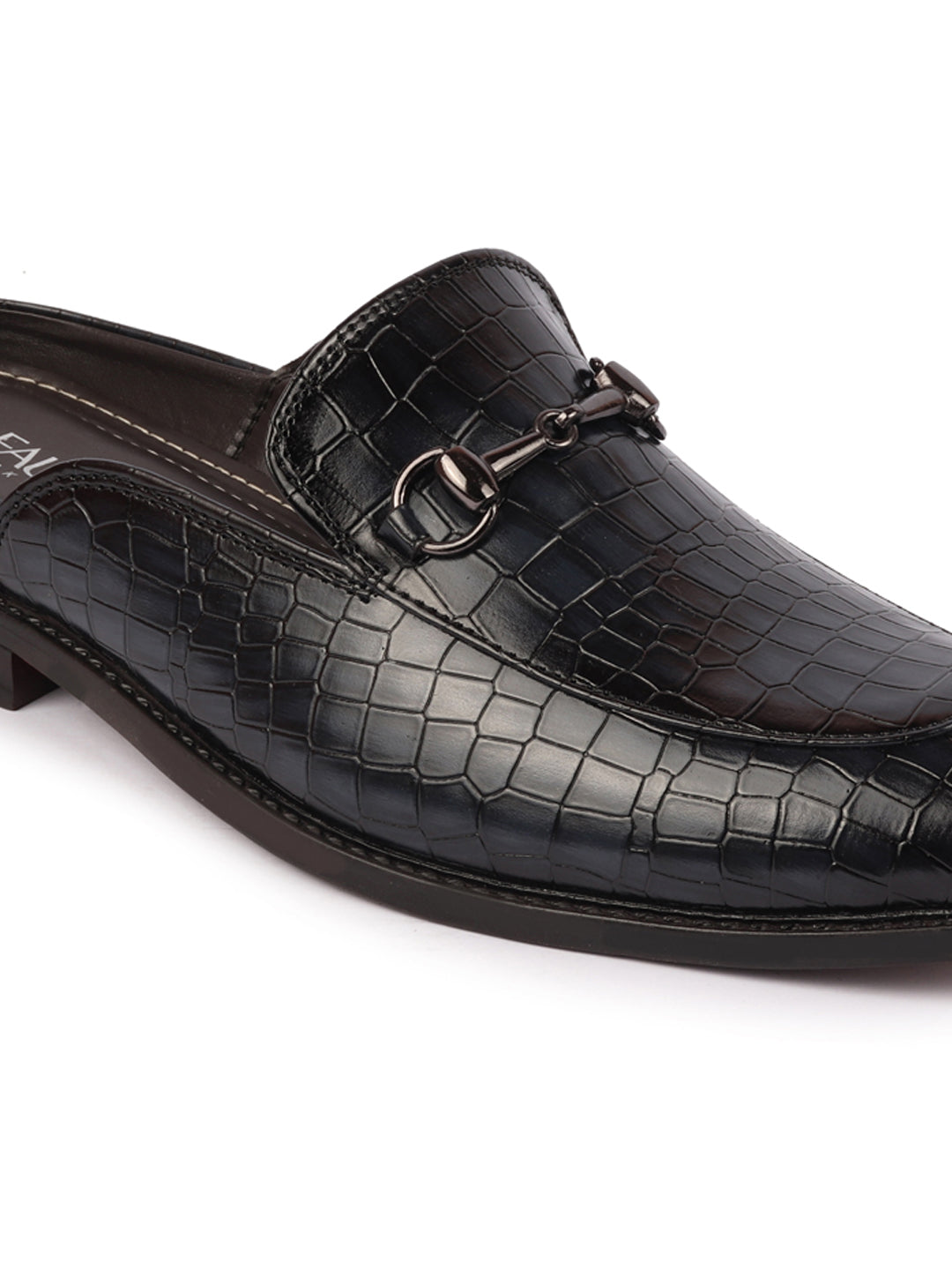 Shop Men Blue Embossed Leopard Print Design with Horsebit Buckle Ethnic Party Back Open Slip On Mules Shoes Online.
