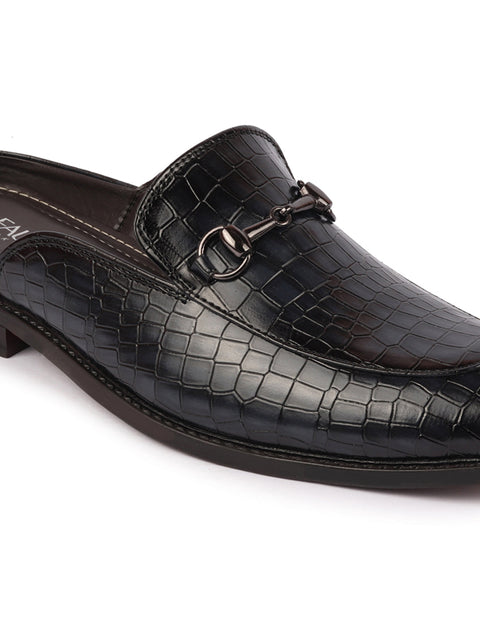 Shop Men Blue Embossed Leopard Print Design with Horsebit Buckle Ethnic Party Back Open Slip On Mules Shoes Online.