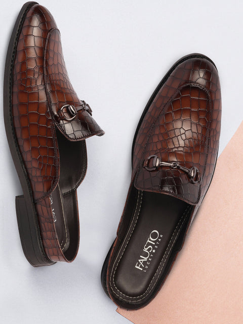 Shop Men Brown Embossed Leopard Print Design with Horsebit Buckle Ethnic Party Back Open Slip On Mules Shoes Online.
