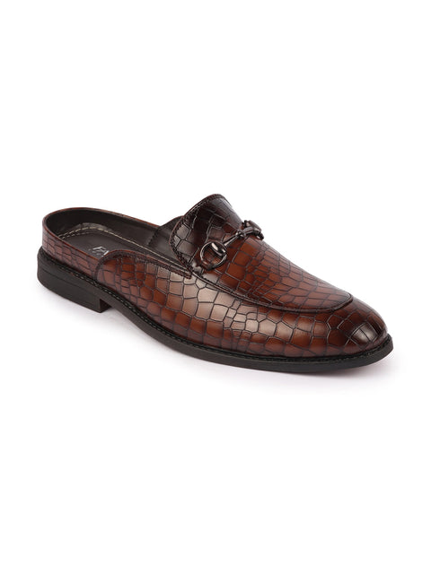 Shop Men Brown Embossed Leopard Print Design with Horsebit Buckle Ethnic Party Back Open Slip On Mules Shoes Online.