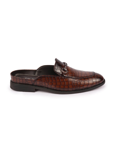 Shop Men Brown Embossed Leopard Print Design with Horsebit Buckle Ethnic Party Back Open Slip On Mules Shoes Online.