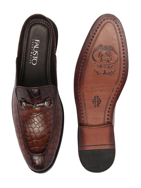 Shop Men Brown Embossed Leopard Print Design with Horsebit Buckle Ethnic Party Back Open Slip On Mules Shoes Online.