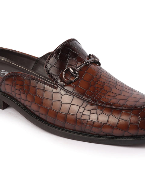 Shop Men Brown Embossed Leopard Print Design with Horsebit Buckle Ethnic Party Back Open Slip On Mules Shoes Online.