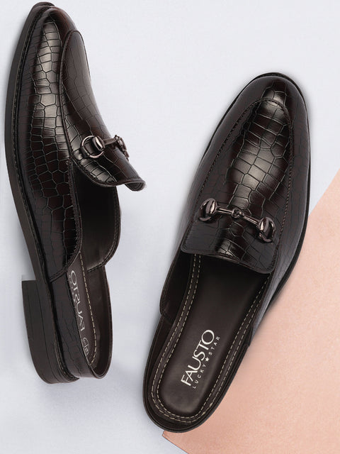 Shop Men Coffee Embossed Leopard Print Design with Horsebit Buckle Ethnic Party Back Open Slip On Mules Shoes Online.