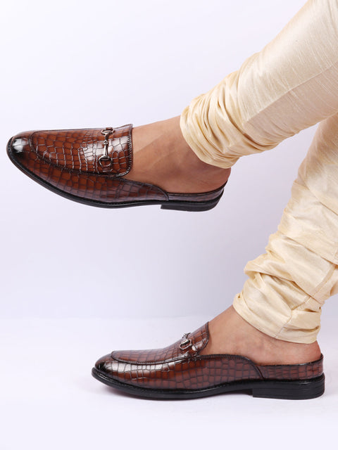 Shop Men Coffee Embossed Leopard Print Design with Horsebit Buckle Ethnic Party Back Open Slip On Mules Shoes Online.