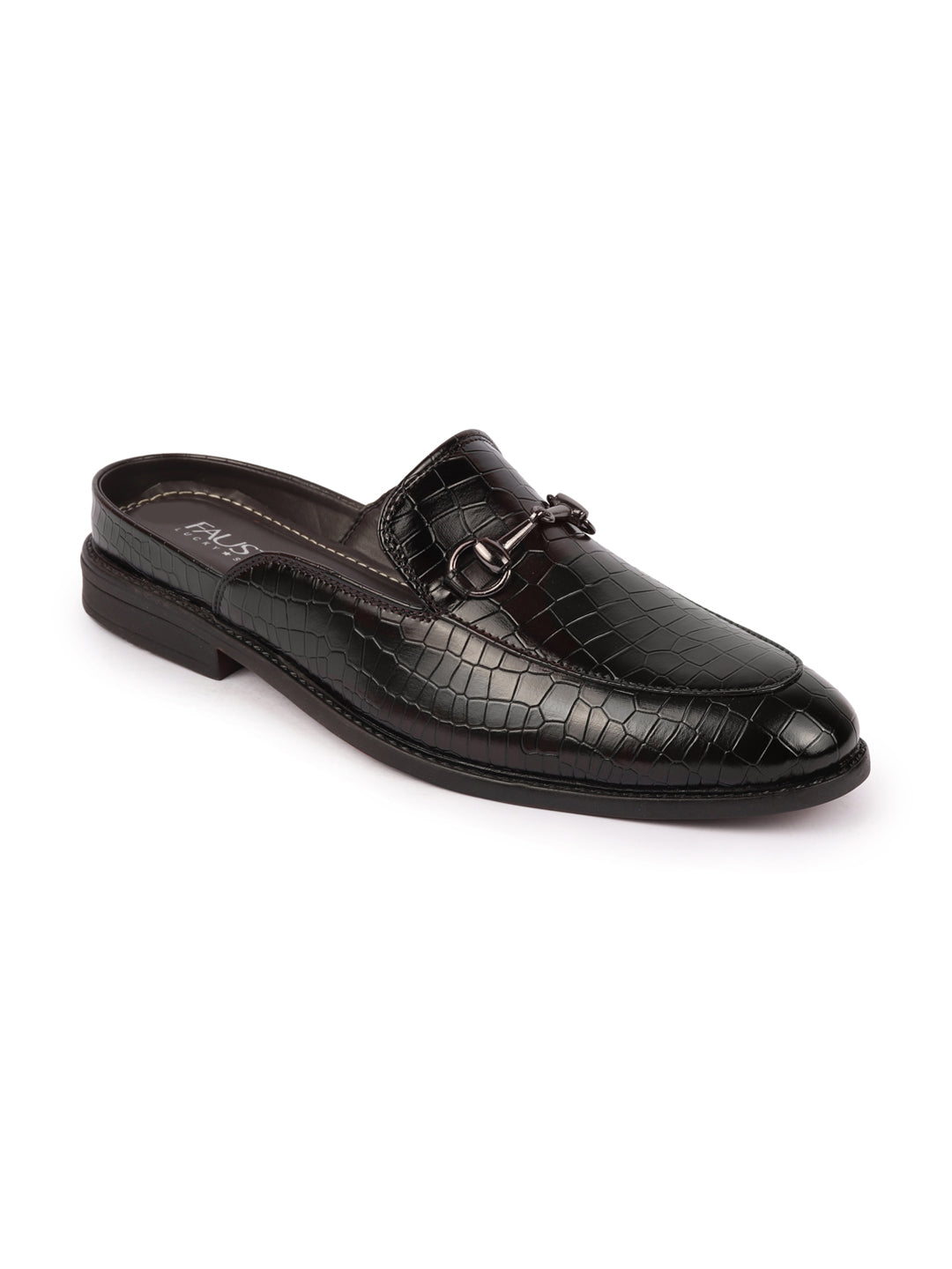 Shop Men Coffee Embossed Leopard Print Design with Horsebit Buckle Ethnic Party Back Open Slip On Mules Shoes Online.